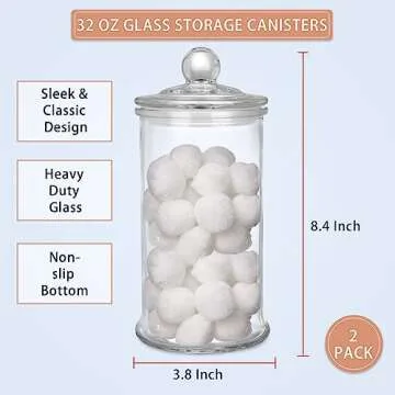 UrSpeedtekLive 2 Pack Glass Apothecary Jars with Lids, 32oz Clear Bathroom Accessories Canisters Sto...
