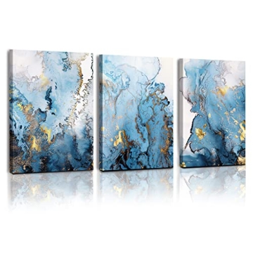SERIMINO Large Abstract Canvas Wall Art for Living Room, Wall Decor for Bedroom, Blue Gold Marbling ...