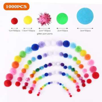 HEHALI 1000pcs Multicolor Pom Pom Balls, Assorted Sizes & Colors Pompoms for Arts and Craft Making Decorations