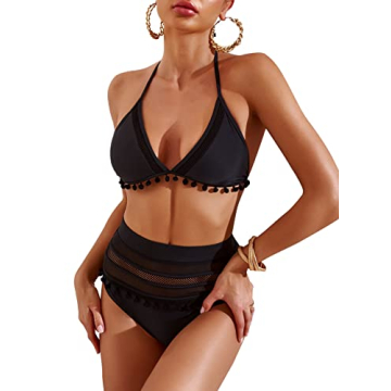 Astylish Women's High Waist Two Pieces Bikini Set Halter Straps Tassel Swimsuit Black