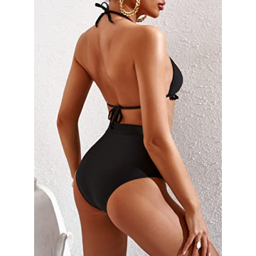 Astylish Women's High Waist Two Pieces Bikini Set Halter Straps Tassel Swimsuit Black