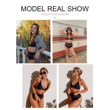 Astylish Women's High Waist Two Pieces Bikini Set Halter Straps Tassel Swimsuit Black