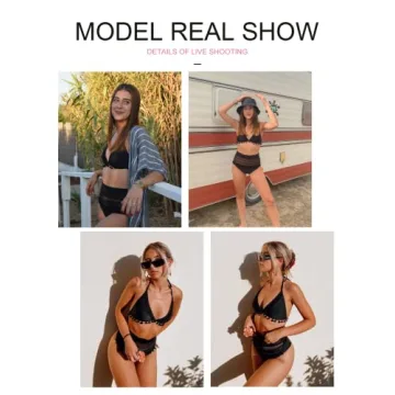 Astylish Women's High Waist Two Pieces Bikini Set Halter Straps Tassel Swimsuit Black