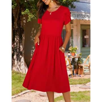 HOTOUCH Womens Red Dresses Long Midi Dress A-Line Solid Flowy Dress Summer Fall Modest Dress Shirt Dresses,Large