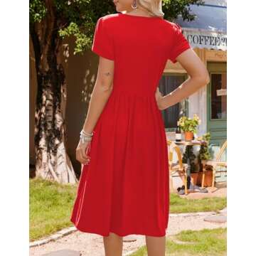 HOTOUCH Womens Red Dresses Long Midi Dress A-Line Solid Flowy Dress Summer Fall Modest Dress Shirt Dresses,Large