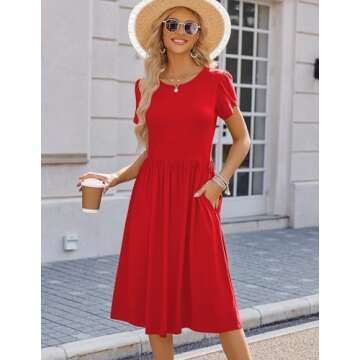 HOTOUCH Womens Red Dresses Long Midi Dress A-Line Solid Flowy Dress Summer Fall Modest Dress Shirt Dresses,Large