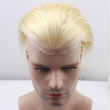 Dreambeauty Men's Toupee 10"×8" European Virgin Human Hair Toupee Super Soft Thin Skin Mens Hair pieces Hair Replacement System Monofilament Net with PU around Base for Men(#613 blonde color)