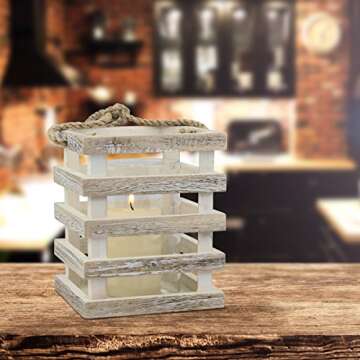 Stonebriar Small Worn White Wooden Beach House Candle Lantern with Rope Handle and Removable Glass Cylinder Hurricane