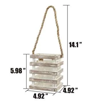 Stonebriar Small Worn White Wooden Beach House Candle Lantern with Rope Handle and Removable Glass Cylinder Hurricane