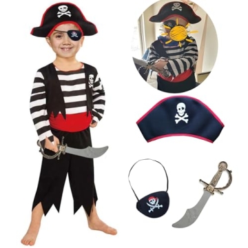 SPUNICOS Children's Pirate Costume with Pirate Hat,Eyepatch,Pirate Cutlass, Children's Dress Up Play...