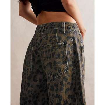 CHARTOU Barrel Jeans for Women Baggy Wide Leg Y2k Mid Rise Ankle Denim Pants (Medium,Leopard)