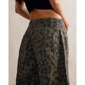 CHARTOU Barrel Jeans for Women Baggy Wide Leg Y2k Mid Rise Ankle Denim Pants (Medium,Leopard)