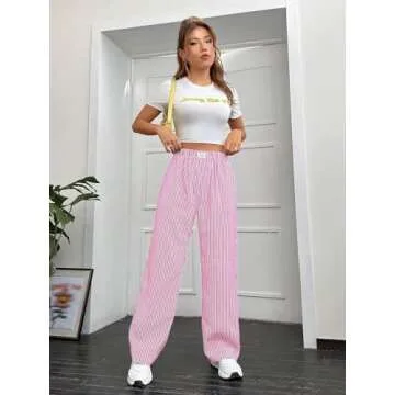OYOANGLE Women's Straight Wide Leg Trousers Striped Print Letter Patched Detail High Waist Y2K Fashion Pants Pink Small
