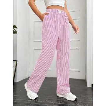 OYOANGLE Women's Straight Wide Leg Trousers Striped Print Letter Patched Detail High Waist Y2K Fashion Pants Pink Small