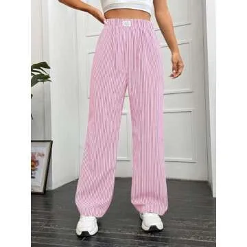 OYOANGLE Women's Straight Wide Leg Trousers Striped Print Letter Patched Detail High Waist Y2K Fashion Pants Pink Small