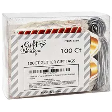 Gift Boutique 100 Large Gift Tags for Christmas with Ribbon Tie Strings 10 Glitter Foil Design Personalized Holiday Name Write On Write On Labels for Packages