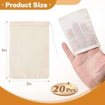 20 Pcs Muslin Bags with Drawstring, Reusable Tea Bags, Spice Bags for Cooking Soup/Herb/Loose Leaf T...