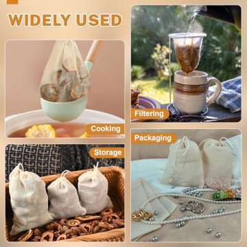 20 Pcs Muslin Bags with Drawstring, Reusable Tea Bags, Spice Bags for Cooking Soup/Herb/Loose Leaf Tea, Natural Cotton Small Cheese Cloth Bag for Straining, Sachet Bags Empty, 4 X 3 Inches