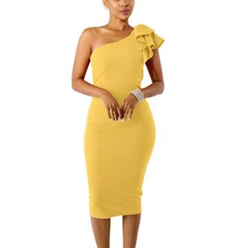 Mokoru Women's Sexy Ruffle One Shoulder Bodycon Elegant Cocktail Party Midi Dress, Dark Yellow