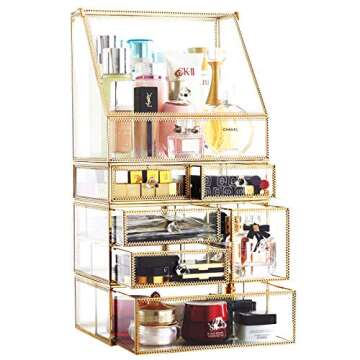 Antique Spacious Mirror Glass Drawers Set/ Vanity Dresser Gold Makeup Storage /Stunning Cube Beauty Display. It Consists of 4Separate Organizers Dustproof for Skincare/Pallete/Perfumes/Brushes/Makeup