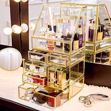 Antique Spacious Mirror Glass Drawers Set/ Vanity Dresser Gold Makeup Storage /Stunning Cube Beauty Display. It Consists of 4Separate Organizers Dustproof for Skincare/Pallete/Perfumes/Brushes/Makeup