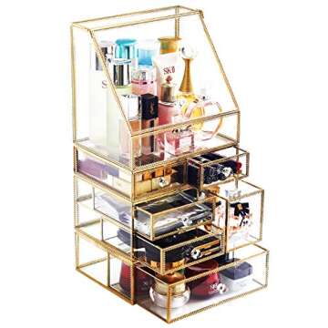 Antique Spacious Mirror Glass Drawers Set/ Vanity Dresser Gold Makeup Storage /Stunning Cube Beauty Display. It Consists of 4Separate Organizers Dustproof for Skincare/Pallete/Perfumes/Brushes/Makeup