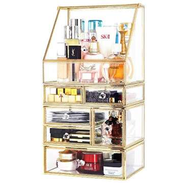 Antique Spacious Mirror Glass Drawers Set/ Vanity Dresser Gold Makeup Storage /Stunning Cube Beauty Display. It Consists of 4Separate Organizers Dustproof for Skincare/Pallete/Perfumes/Brushes/Makeup