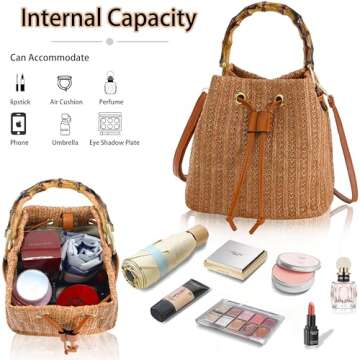 Hirooms Women Beach Bag Summer Straw Woven Shoulder Bag Crossbody Bucket Handbags Handmade Hobo Purse Bamboo Handle (Brown)
