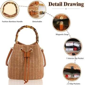 Hirooms Women Beach Bag Summer Straw Woven Shoulder Bag Crossbody Bucket Handbags Handmade Hobo Purse Bamboo Handle (Brown)