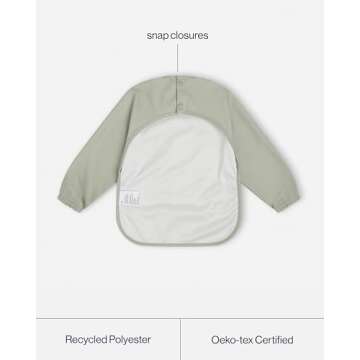 Lalo Smock Bib - Long Sleeve Baby Bib, Elastic Cuffs for Comfort, Large Catch-All Pocket, Waterproof Recycled Polyester - Durable Baby Smock Bib for Mealtime & Playtime - Ages 6-24 Mo. - Sage