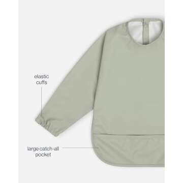 Lalo Smock Bib - Long Sleeve Baby Bib, Elastic Cuffs for Comfort, Large Catch-All Pocket, Waterproof Recycled Polyester - Durable Baby Smock Bib for Mealtime & Playtime - Ages 6-24 Mo. - Sage