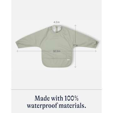 Lalo Smock Bib - Long Sleeve Baby Bib, Elastic Cuffs for Comfort, Large Catch-All Pocket, Waterproof Recycled Polyester - Durable Baby Smock Bib for Mealtime & Playtime - Ages 6-24 Mo. - Sage