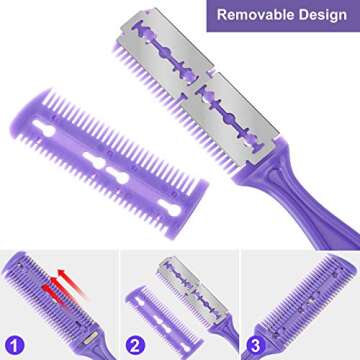 3 Pieces Hair Cutting Comb Set with 10 Razors, Double Edge Razor, Thinning Comb for Slim Haircuts (Green, Purple, Pink)
