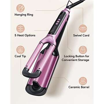 Wavytalk Beach Waves Curling Iron 3 Barrel Deep Hair Waver Hair Crimper Ceramic Curling Wand Beachy Waving Wand Hair Iron Adjustable Heat 300℉ - 420 ℉ Dual Voltage Pink