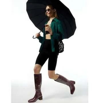 UBWDU Women's Knee-High Boots Tall Burgundy Boots for Women Wide Calf Chunky Leather Square Toe Riding Boots Size 8