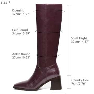 UBWDU Women's Knee-High Boots Tall Burgundy Boots for Women Wide Calf Chunky Leather Square Toe Riding Boots Size 8