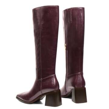 UBWDU Women's Knee-High Boots Tall Burgundy Boots for Women Wide Calf Chunky Leather Square Toe Riding Boots Size 8