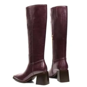 UBWDU Women's Knee-High Boots Tall Burgundy Boots for Women Wide Calf Chunky Leather Square Toe Riding Boots Size 8