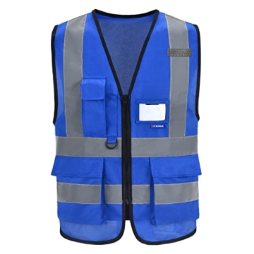A-SAFETY Blue High Visibility Reflective Work Vest with 7 Pockets