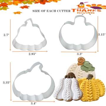 3PCS Thankgiving Pumpkin Cookie Cutters Set, 3.4" 3.3" 2.85" Stainless Steel Metal Molds with Decora...