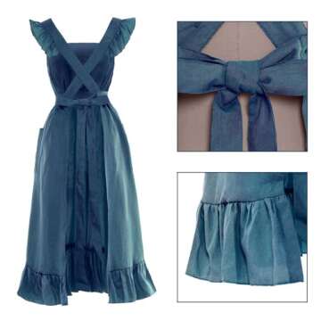 Vibsion Vintage Ruffle Apron for Women Colonial Pioneer Pinafore Apron Cross Back Garden Cooking Aprons with Pockets