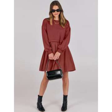 ANRABESS Women Sweatshirts Dress Oversized Long Sleeve Patchwork Casual Loose Pleated Pullover Mini Dress Fall Outfits 2024 X-Small Brick Red