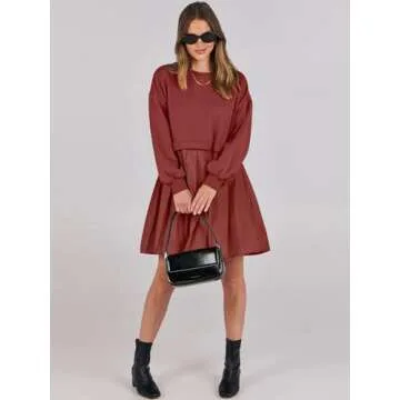 ANRABESS Women Sweatshirts Dress Oversized Long Sleeve Patchwork Casual Loose Pleated Pullover Mini Dress Fall Outfits 2024 X-Small Brick Red