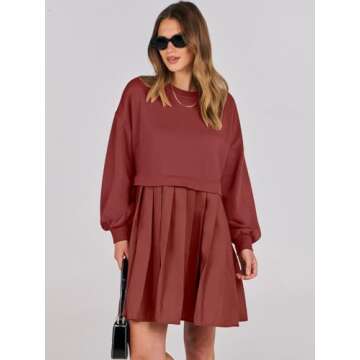 ANRABESS Women Sweatshirts Dress Oversized Long Sleeve Patchwork Casual Loose Pleated Pullover Mini Dress Fall Outfits 2024 X-Small Brick Red