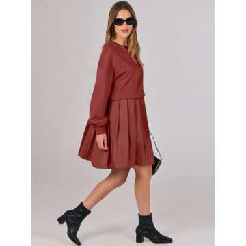 ANRABESS Women Sweatshirts Dress Oversized Long Sleeve Patchwork Casual Loose Pleated Pullover Mini Dress Fall Outfits 2024 X-Small Brick Red