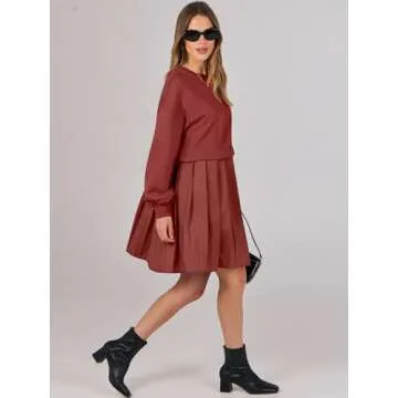 ANRABESS Women Sweatshirts Dress Oversized Long Sleeve Patchwork Casual Loose Pleated Pullover Mini Dress Fall Outfits 2024 X-Small Brick Red