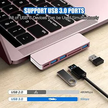RayCue USB C Hub Adapter for MacBook Pro/Air M1 M2 M3 2023-2016, 6 in-1 USB-C Accessories Compatible with MacBook Pro 13″ and 15″ with 3 USB 3.0 Ports, TF/SD Card Reader, USB-C Power Delivery (Pink)