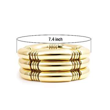 3pcs Gold Chunky Bangles Bracelets For Women 14k Gold Plated Stack Layered Curved Bamboo Tube Stretch Bracelets Gift Jewelry