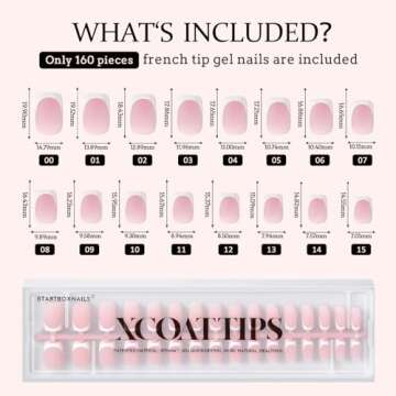 BTArtboxnails XCOATTIPS French Tip Nails - Short Press On Nails, 160 Pcs Pink Square Soft Gel Nail Tips Pre-applied Tip Primer & Base Coat, No Need File False Nails for Valentines Day Gift, 16 Sizes