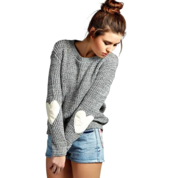 shermie Women's Cute Heart Pattern Elbow Patchwork Knitted Sweaters Long Sleeve Crew Neck Casual Pul...